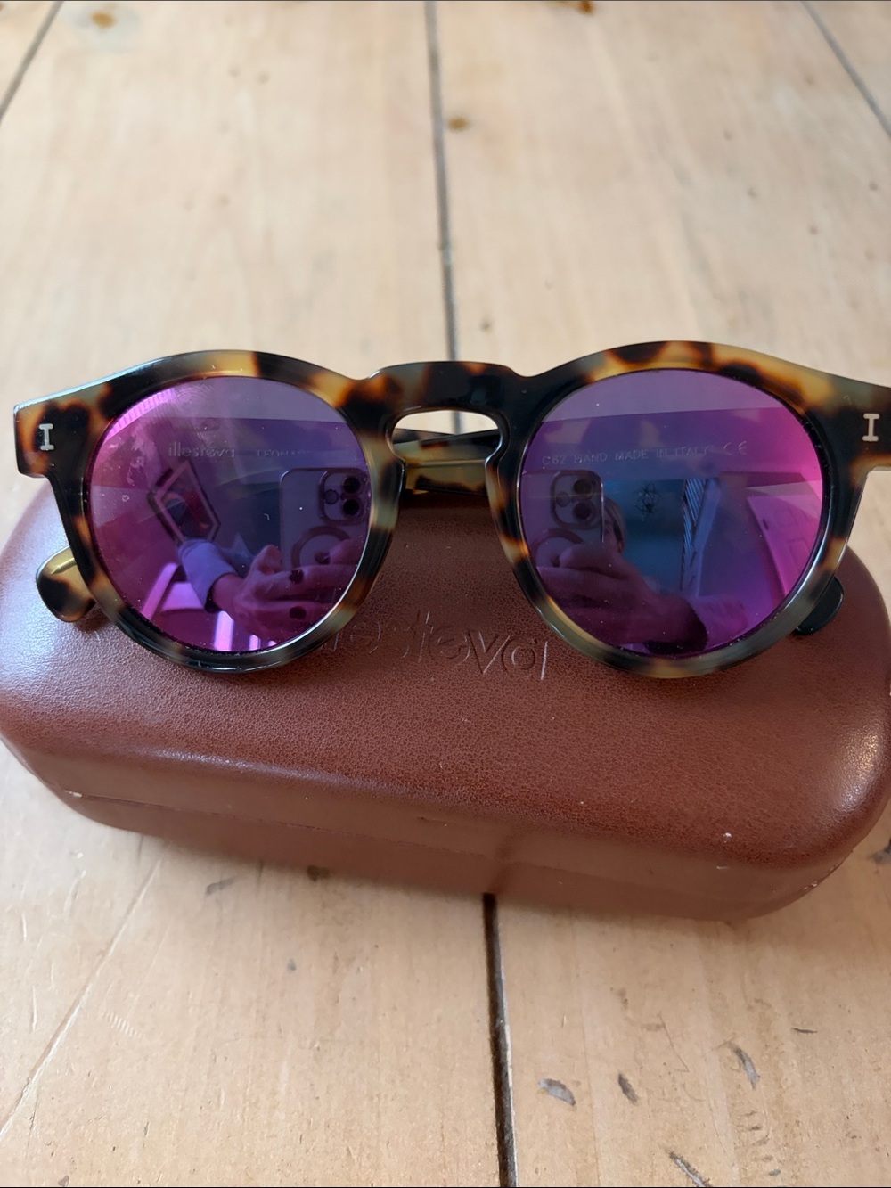 Illesteva Tortoiseshell Sunglasses with Purple Mirrored Lenses